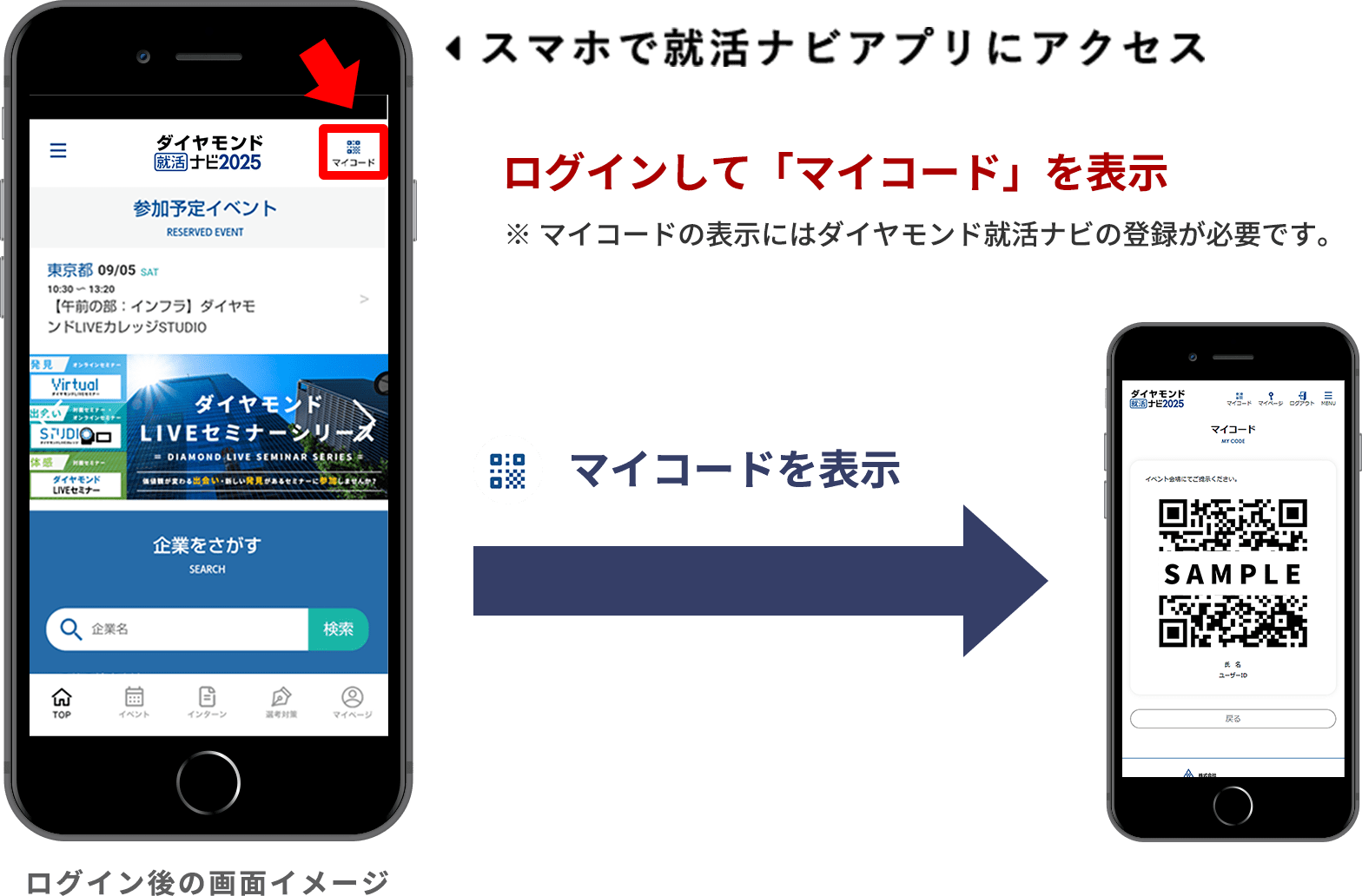 スマホで就活ナビにアクセス ログインして「マイコード」を表示 ※マイコードの表示にはダイヤモンド就活ナビの登録が必要です。