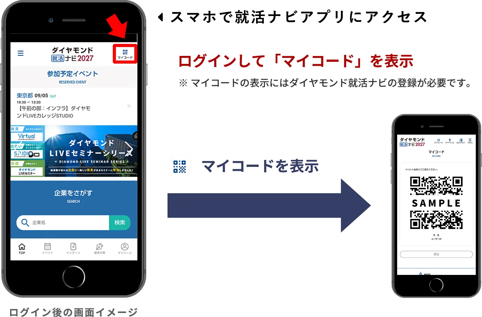 スマホで就活ナビにアクセス ログインして「マイコード」を表示 ※マイコードの表示にはダイヤモンド就活ナビの登録が必要です。